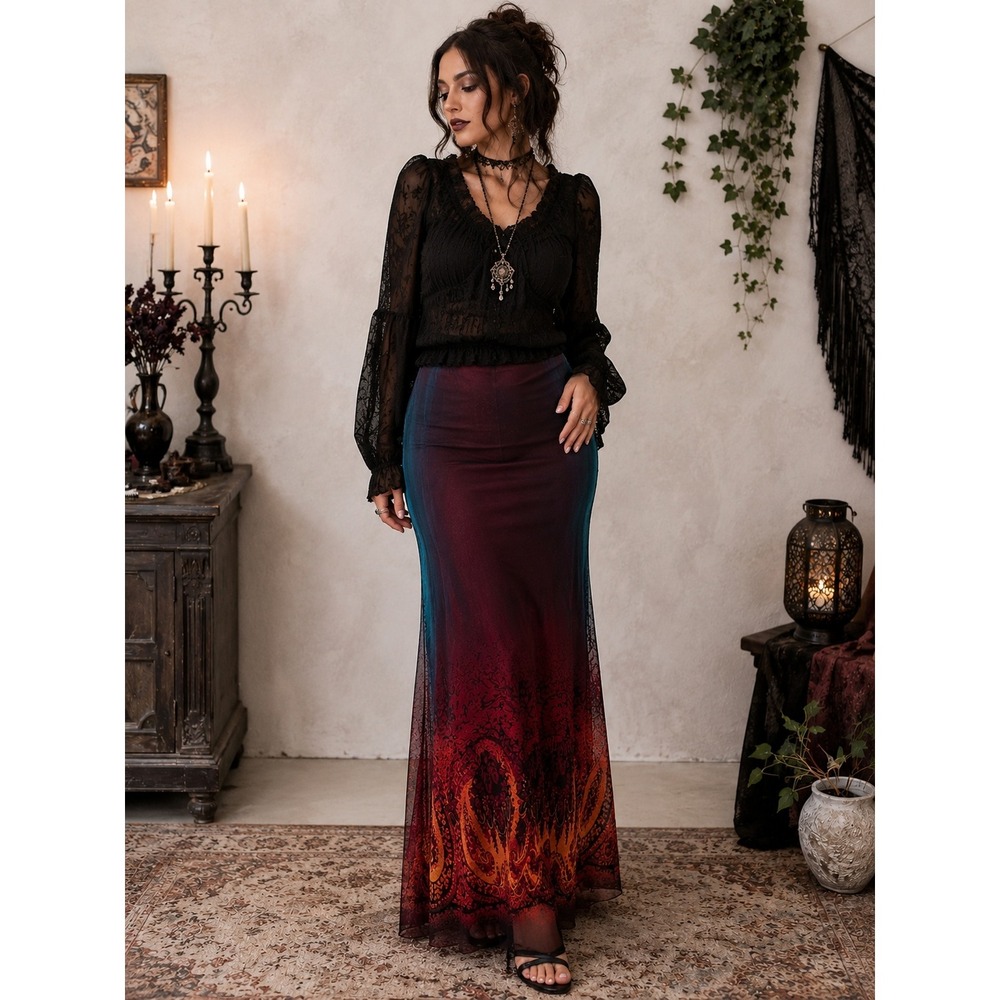 Whimsigoth Y2K Boho Dark Blue Burgundy Orange Sheer Overlay Ombre Maxi L Skirt - Picture 1 of 9